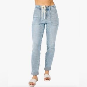 NWT Judy Blue Jogger Jeans Stretch Light Wash Denim 11/30 Drawstring Waist